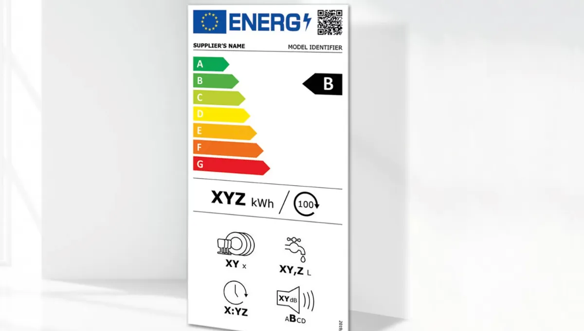 Eticheta de eficiență energetică cu scară de rating și informații despre produs.
