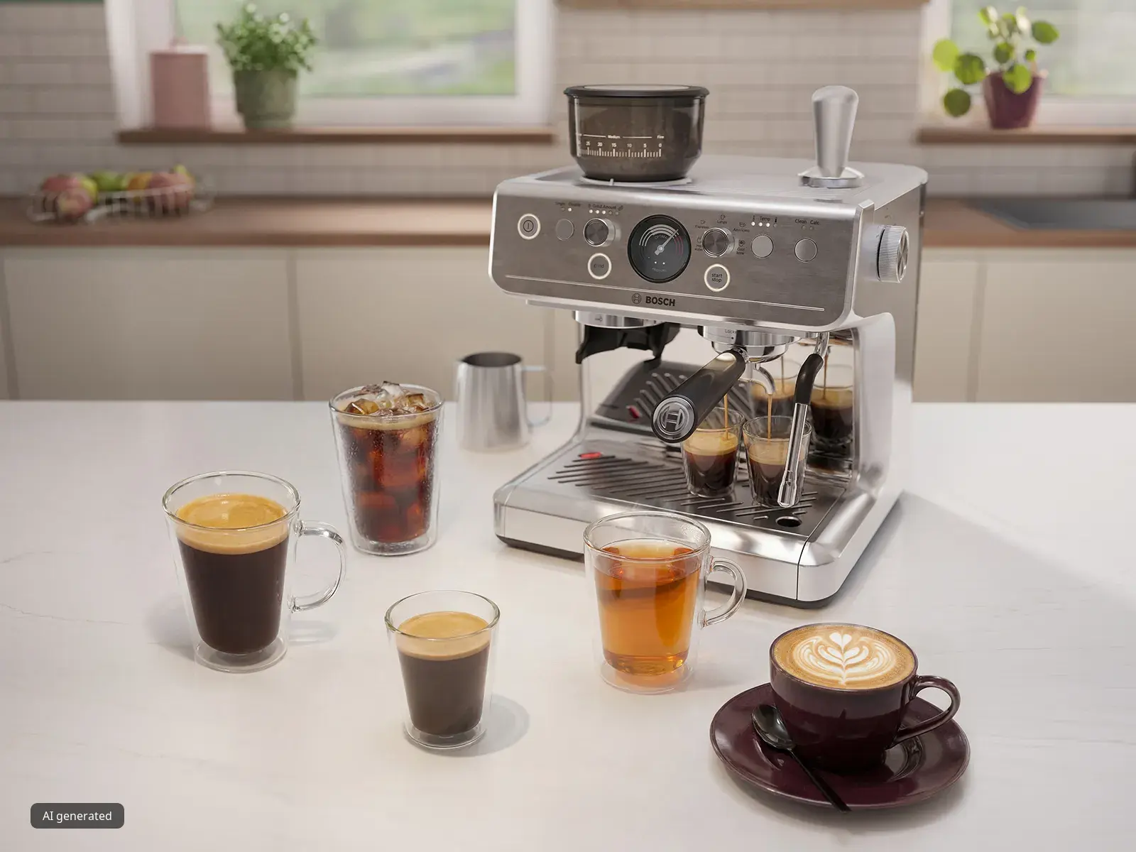 Die HomeCafé Halbautomatische Kaffeemaschine der Serie 4 steht auf einer Küchenarbeitsplatte, umgeben von verschiedenen Getränken, die mit der Maschine zubereitet werden können.