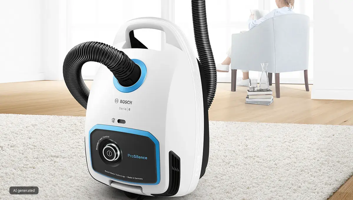 Vacuum cleaner in living room, person sitting in chair, hardwood floor, bright window.