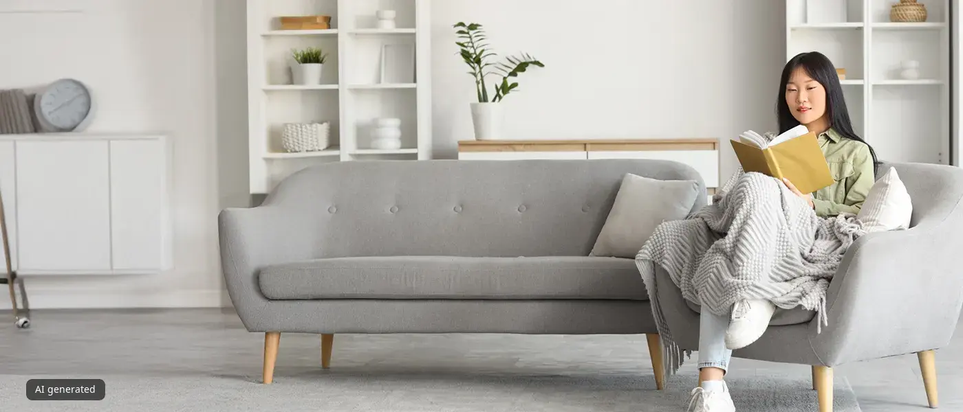A person sits on a gray couch, wrapped in a blanket, reading a book in a minimalist living room.