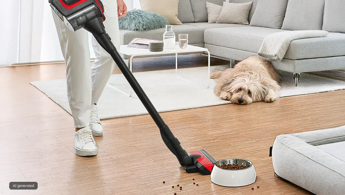 Μια ασύρματη ηλεκτρική σκούπα Unlimited ProAnimal καθαρίζει τα υπολείμματα τροφής σκύλου δίπλα σε έναν μαλλιαρό σκύλο