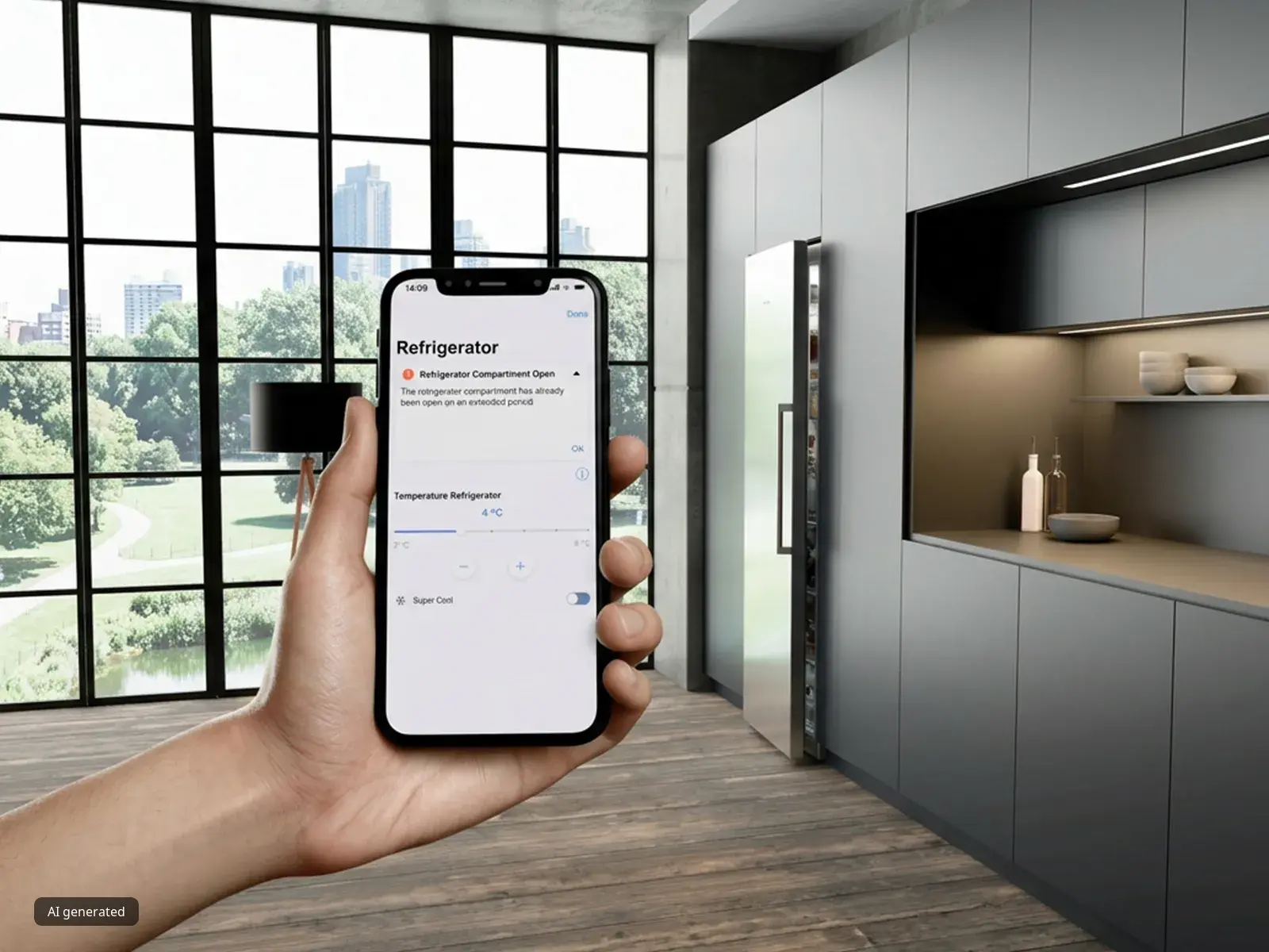 Eine Hand, die ein Handy mit der Siemens Hausgeräte App auf dem Bildschirm hält, mit einer Küche im Hintergrund.