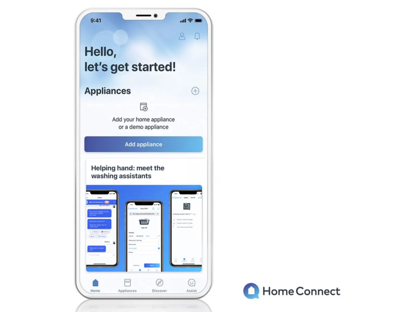 The welcome screen of the Home Connect app on a smartphone, displaying the 'Add appliance' setup option.