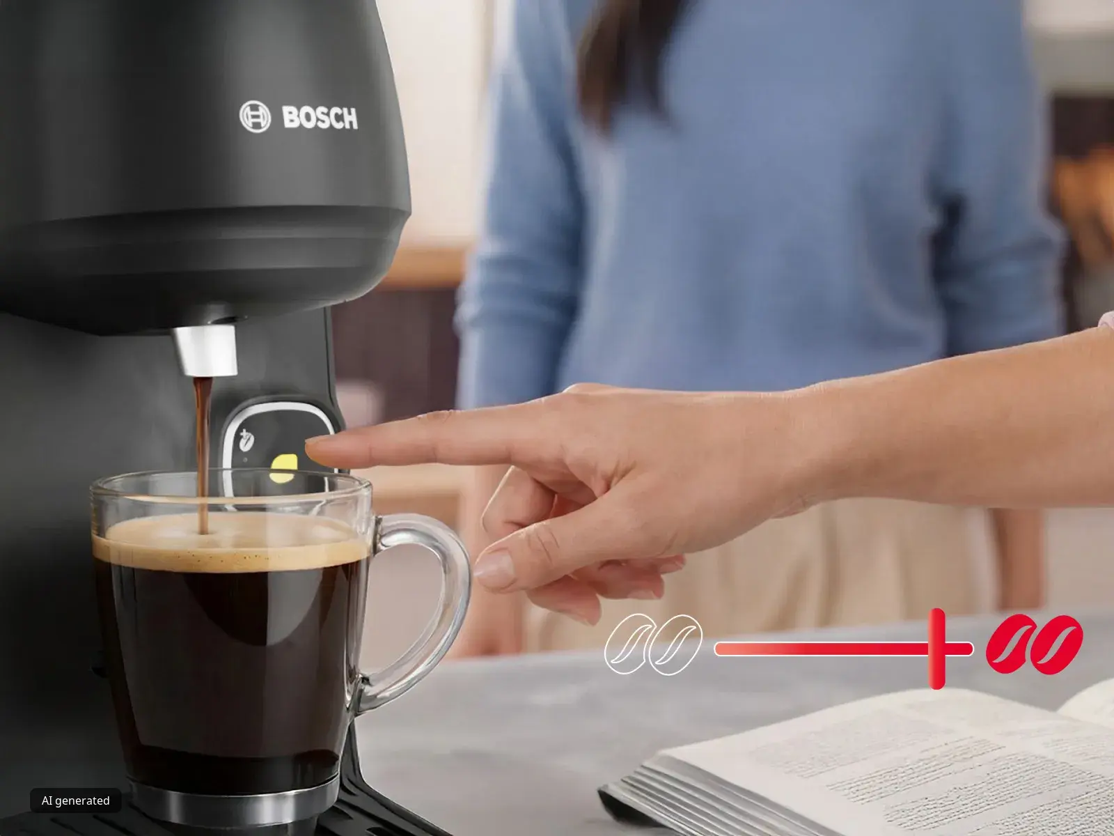 Eine Person drückt den Startknopf der TASSIMO HARMONY, um die IntensityBoost‑Funktion zu aktivieren.