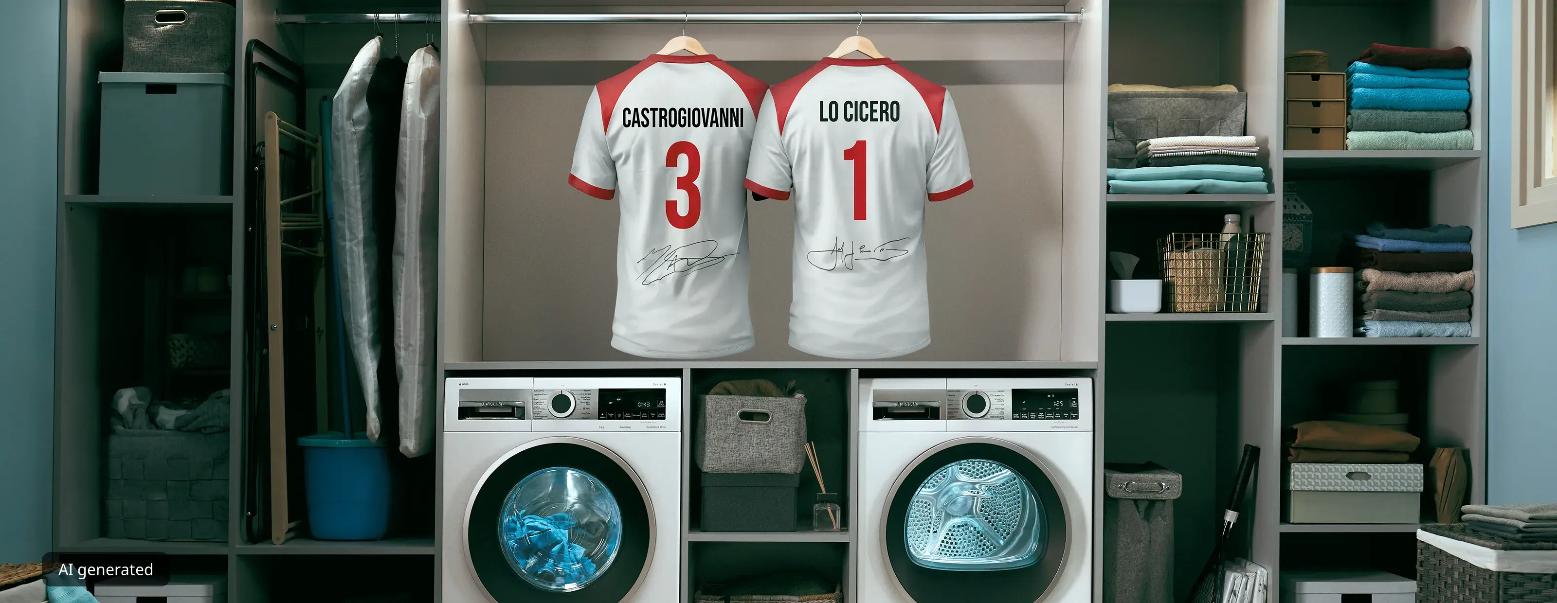 maglie da rugby di Castrogiovanni e Lo Cicero appese in una lavanderia con elettrodomestici Bosch