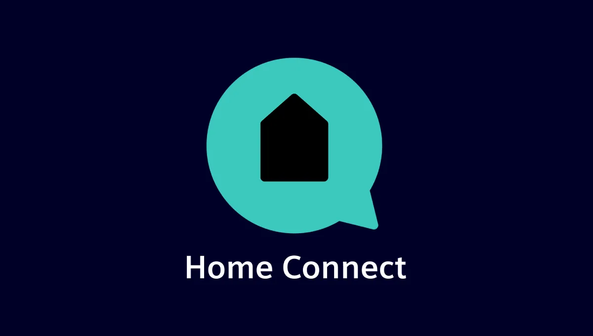 Home Connect-logotyp med en svart husikon inuti en turkos pratbubbla på en mörk bakgrund med orden "Home Connect" nedanför.