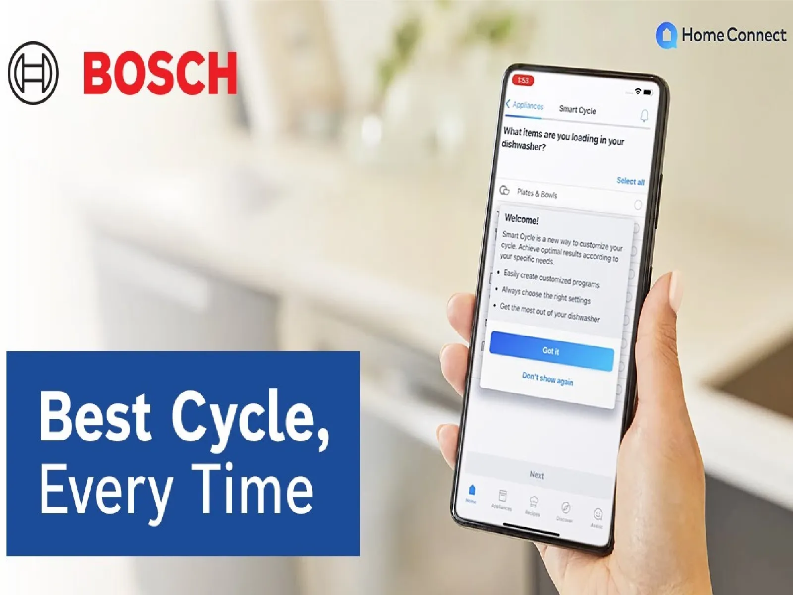 Bosch Home Connect app displays Smart Cycle settings on a phone for customizing dishwasher cycles for optimal cleaning results.