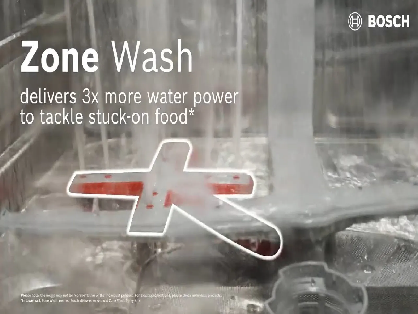 Dishwasher spray arm targeting stuck-on food with Zone Wash delivering 3x more water power, highlighting Bosch's cleaning technology. 