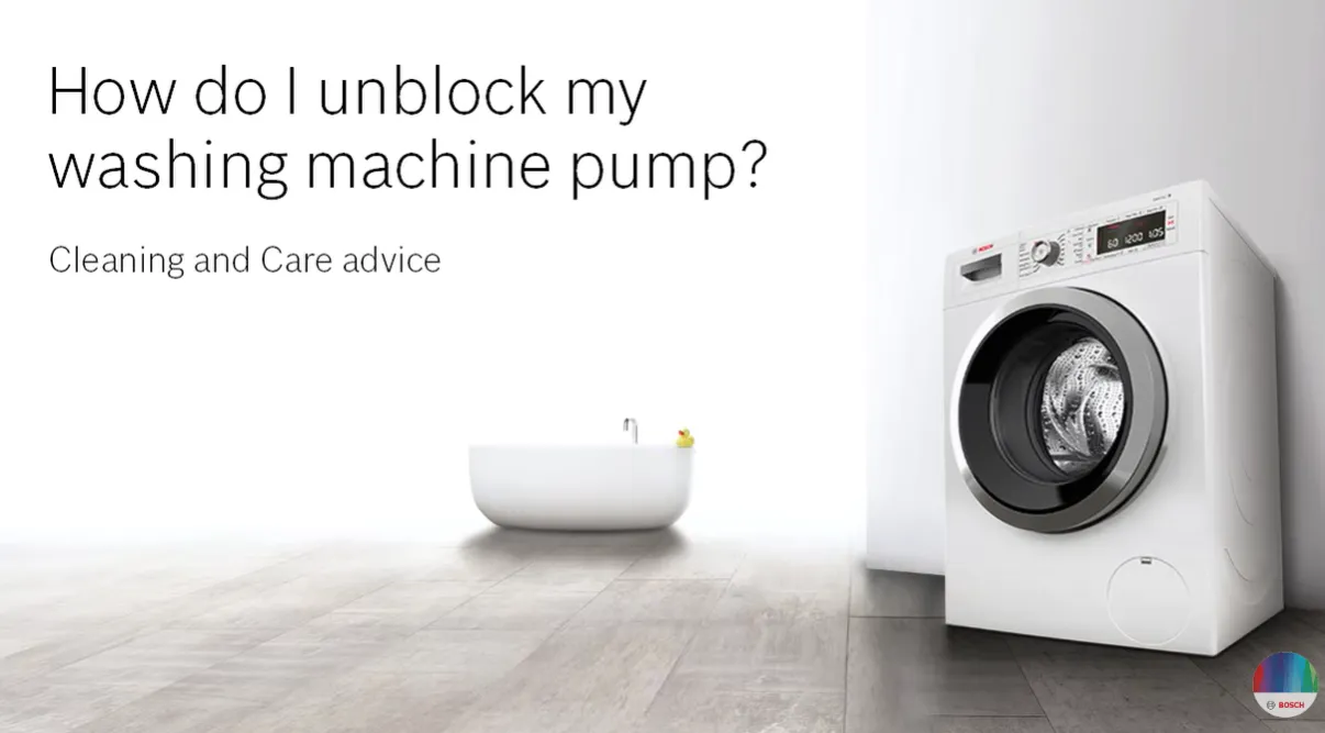 Slide titled "How do I unblock my washing machine pump? Cleaning and Care advice" showing a white front‑loading washing machine and a small white basin on a bright wood floor.