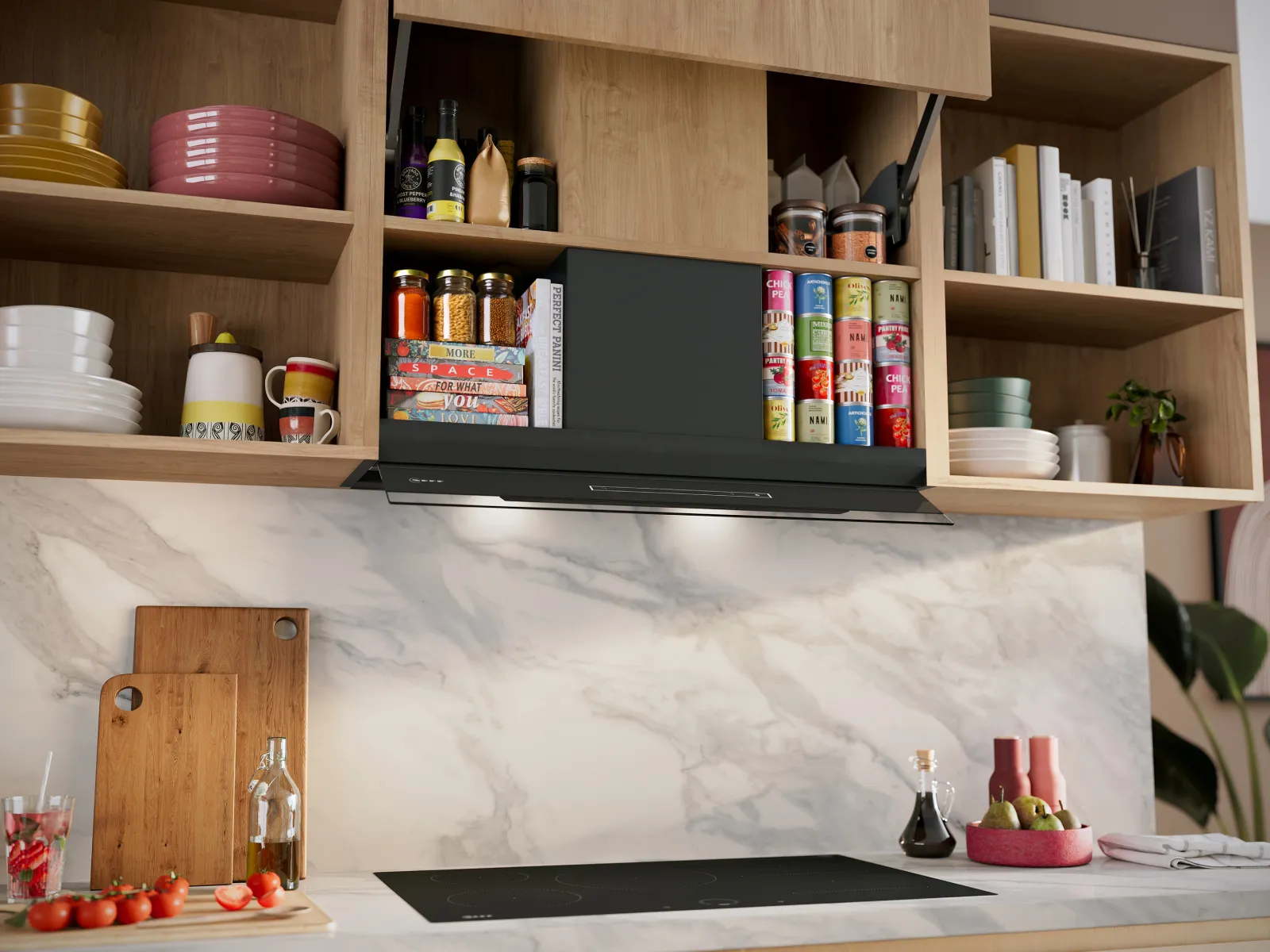 A kitchen featuring wooden shelves filled with dishes and spices, with a marble backdrop and cooking utensils.