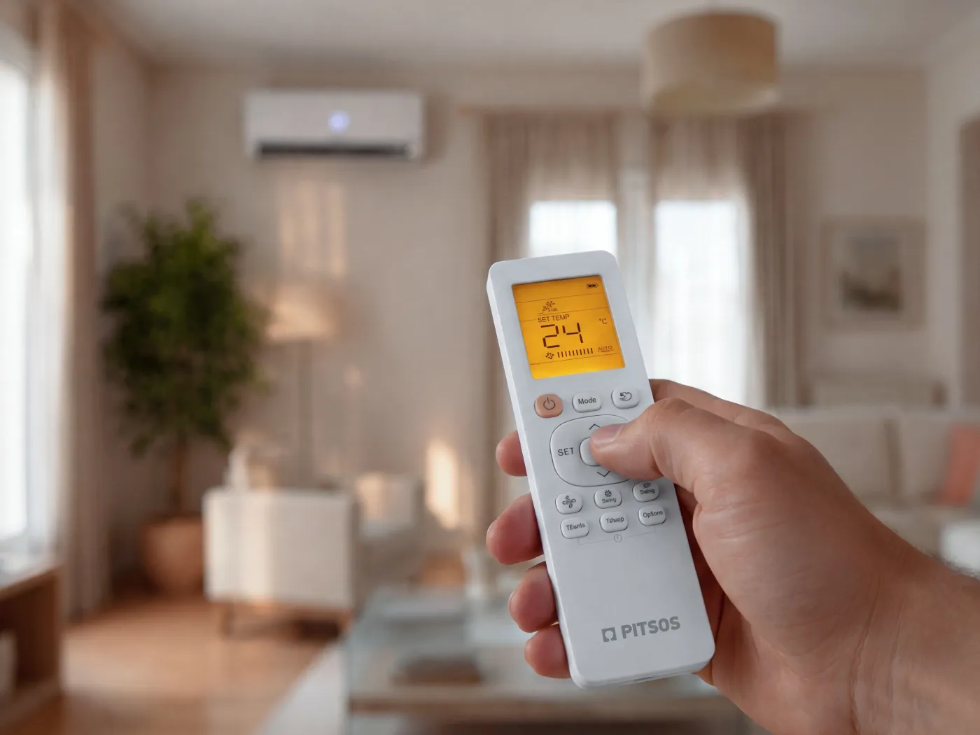 Ένα τηλεχειριστήριο air condition πάνω σε μικρό κυκλικό τραπεζάκι δίπλα από τον καναπέ.