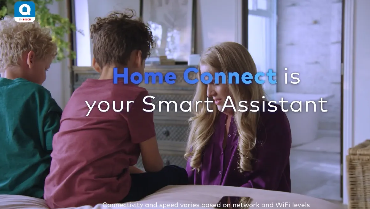 Three children sitting indoors with text overlay: "Home Connect is your Smart Assistant." Bosch logo in top left corner.