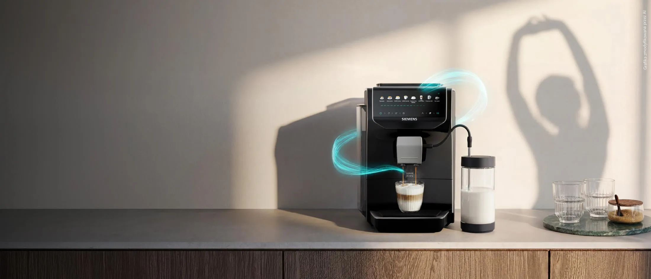 Grafika zmodyfikowana przez AI. Ekspres do kawy Siemens EQ500 iAoma na stole przygotowujący latte w nowoczesnym salonie.