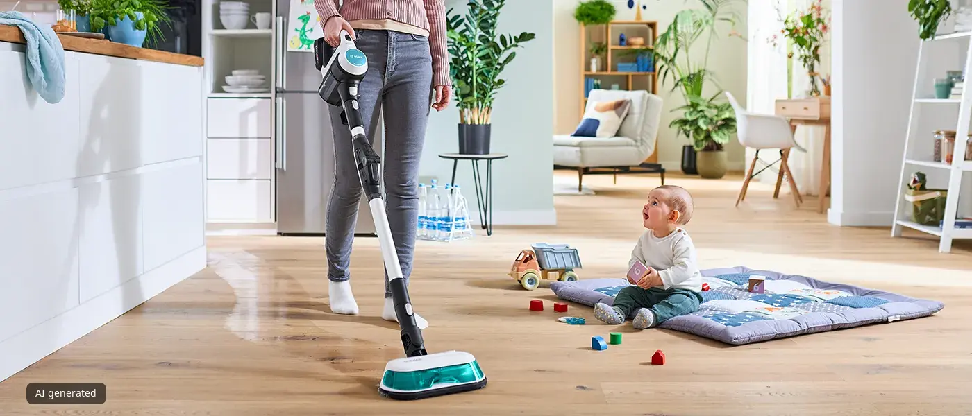 Una madre joven friega el suelo de la cocina con el Unlimited 7 ProHygienic Aqua. A su lado, un niño pequeño juega con juguetes sobre una manta en el suelo de madera.
