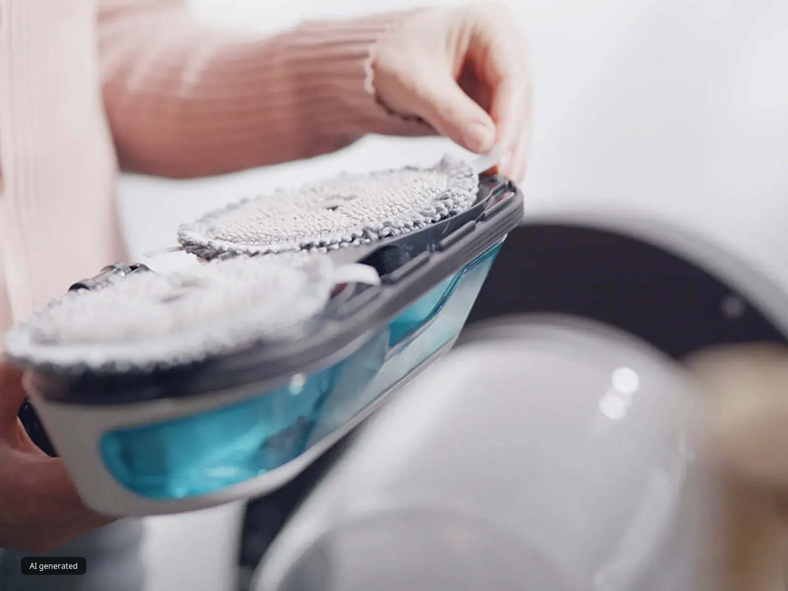 Una mujer retira la almohadilla Power Spinning de la boquilla ProHygienic Aqua 2 en 1 Dynamic Aqua, lista para lavarla.
