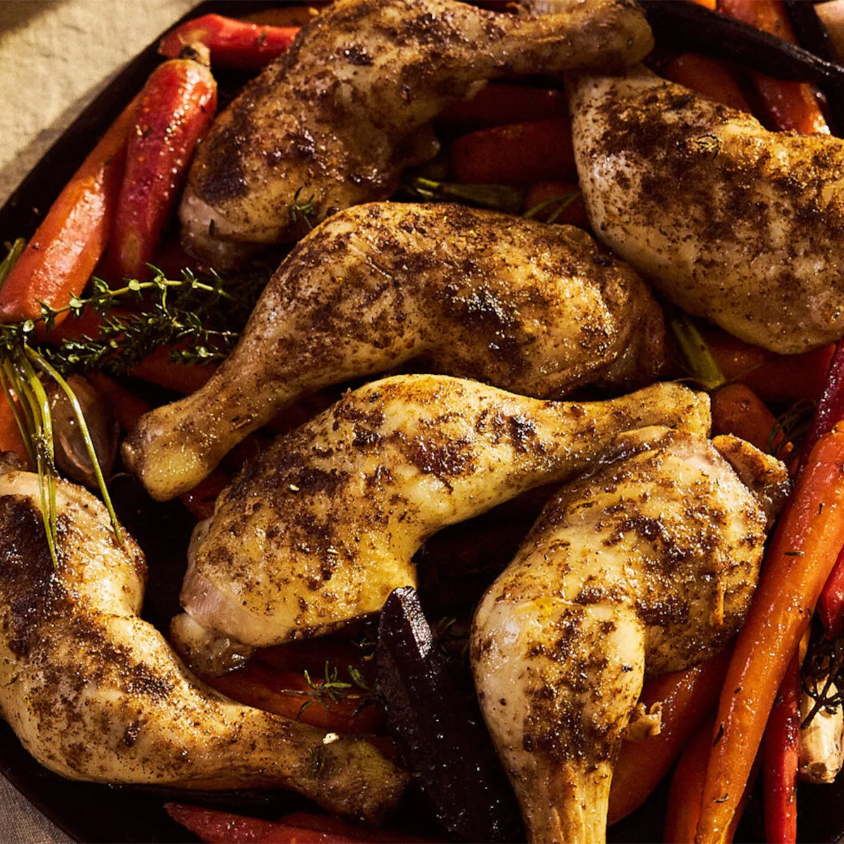 Roasted chicken drumsticks and thighs with carrots, peppers, and herbs on a dark plate.