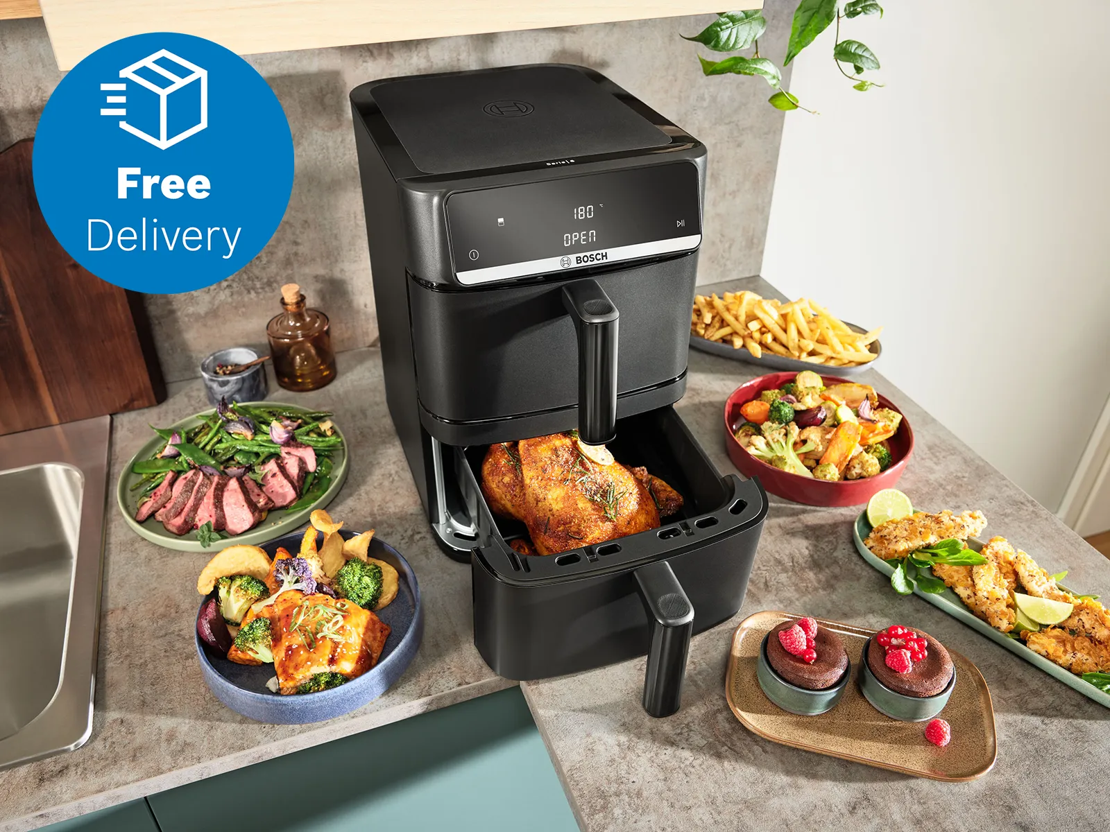 Double stack air fryer with food plates surrounding it
