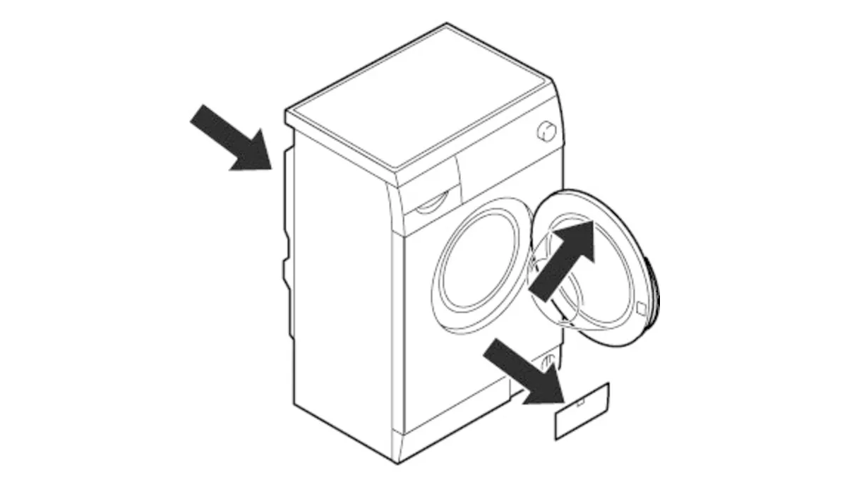 Washing machine with open door and arrows indicating loading and unloading directions.