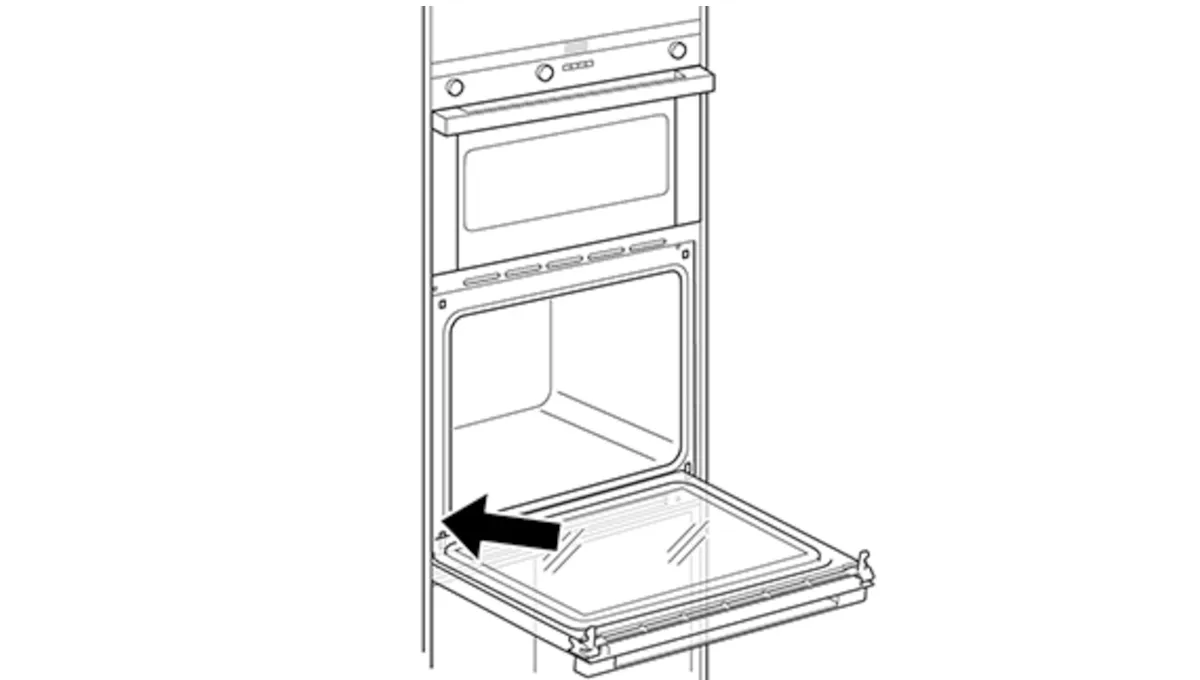 Diagram of oven interior with open door and arrow indicating pull-out drawer or compartment.