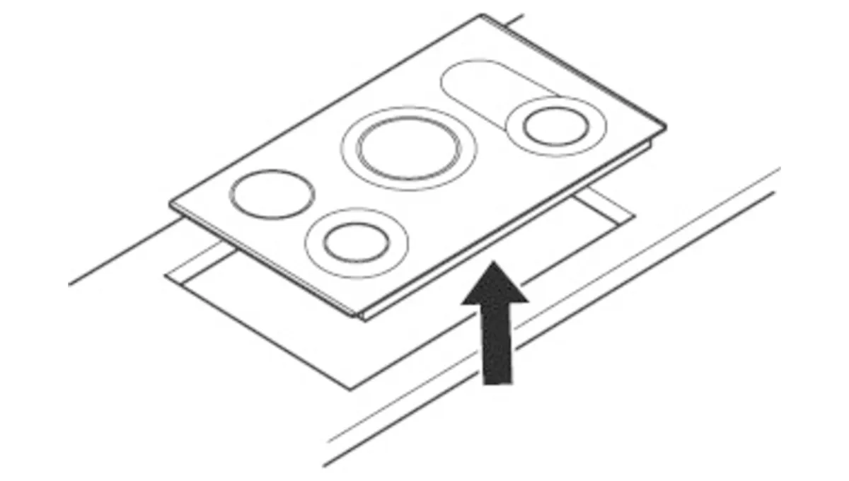 Isometric diagram of a cooktop with four circular burners and an arrow pointing upwards.