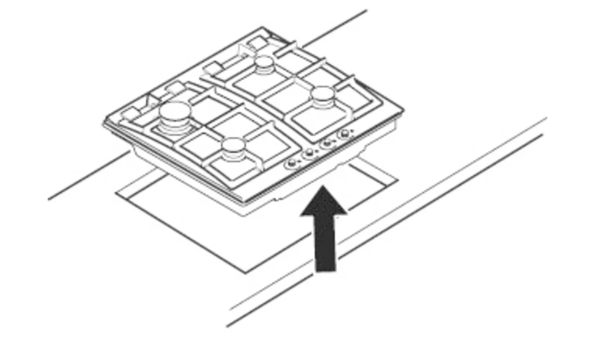 Illustration of a gas cooktop being raised from a countertop, featuring control knobs and multiple burners.