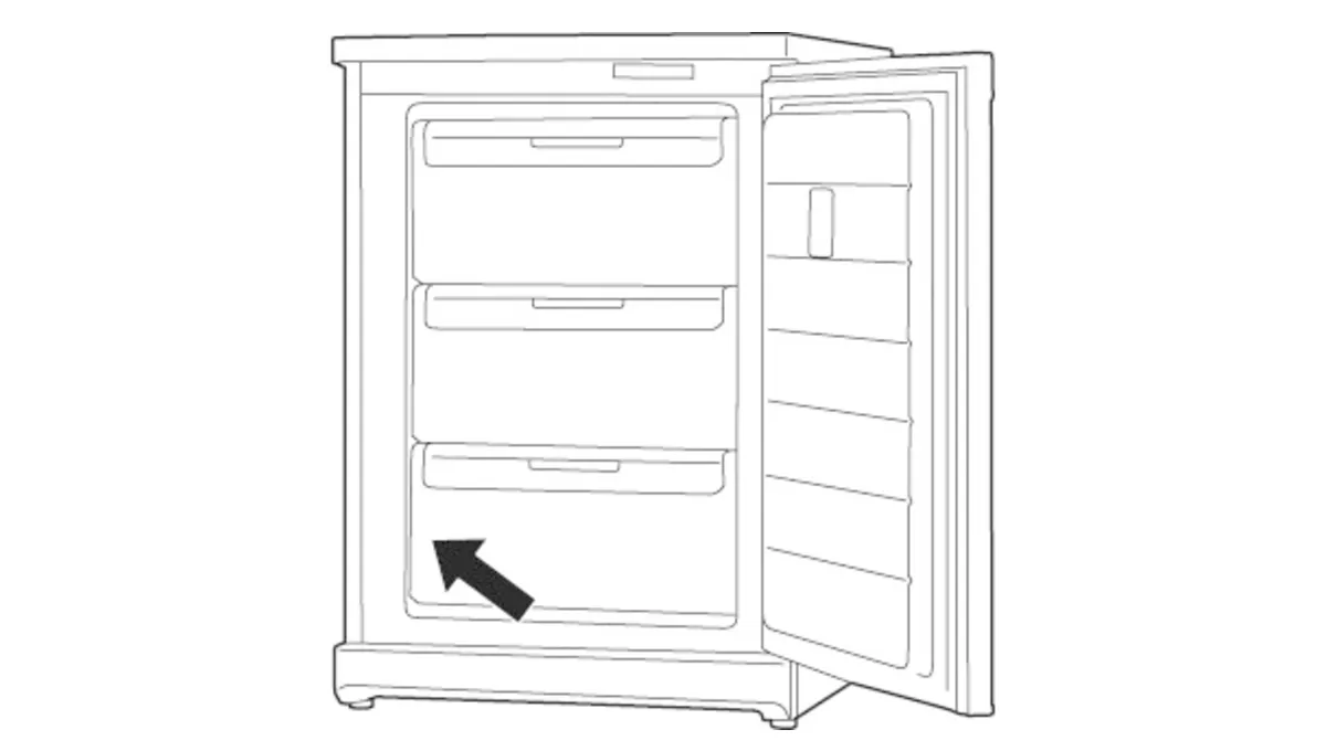 Illustration of an open refrigerator showing three freezer drawers, with an arrow pointing to the bottom drawer.