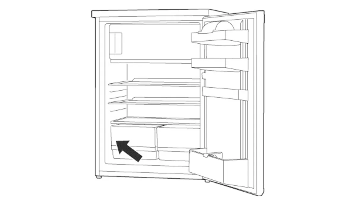 Illustration of an open refrigerator highlighting the bottom drawer with an arrow, showcasing the interior layout.