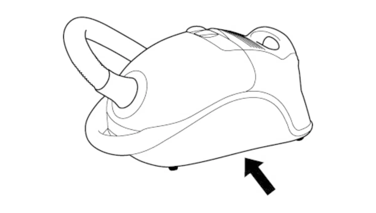 Illustration of a vacuum cleaner, highlighting the hose attachment and showing an arrow pointing to its base.
