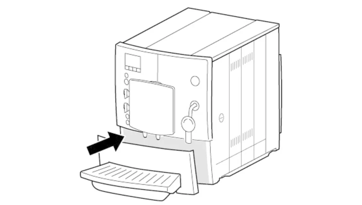 Illustration of a coffee machine with an extraction drawer being pulled out, featuring buttons and a display on the front panel.