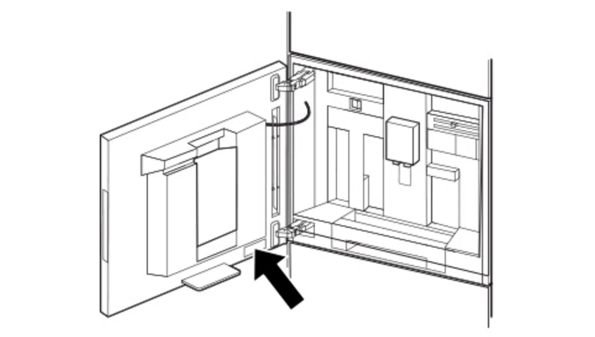 Diagram of a refrigerator door hinge mechanism, highlighting the attachment point with an arrow for clarity.