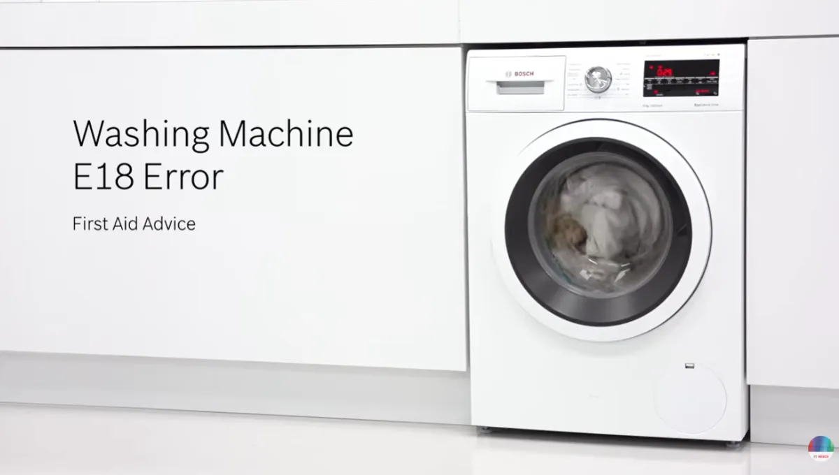 Front-loading washing machine with a visible E18 error message, accompanied by text on first aid advice for the issue.