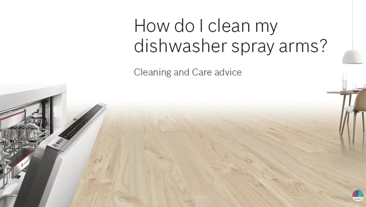 Open dishwasher with spray arms visible, next to text asking how to clean dishwasher spray arms, set against a light wooden floor background.