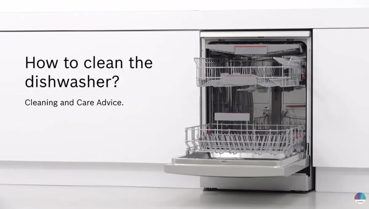 Open dishwasher in a modern kitchen with text “How to clean the dishwasher? Cleaning and Care Advice.