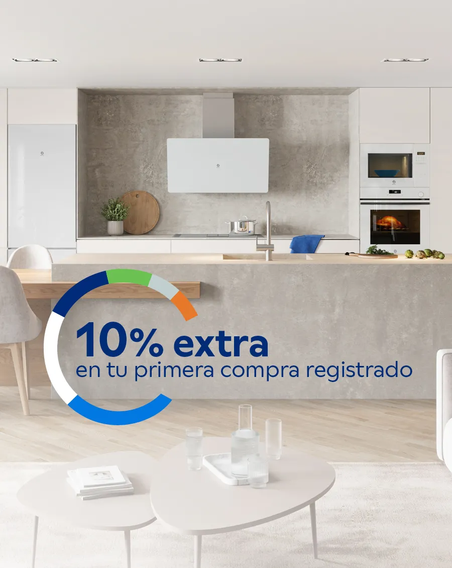 Imagen de cocina blanca con electrodomésticos Balay y texto “10% de descuento por primera compra registrado”