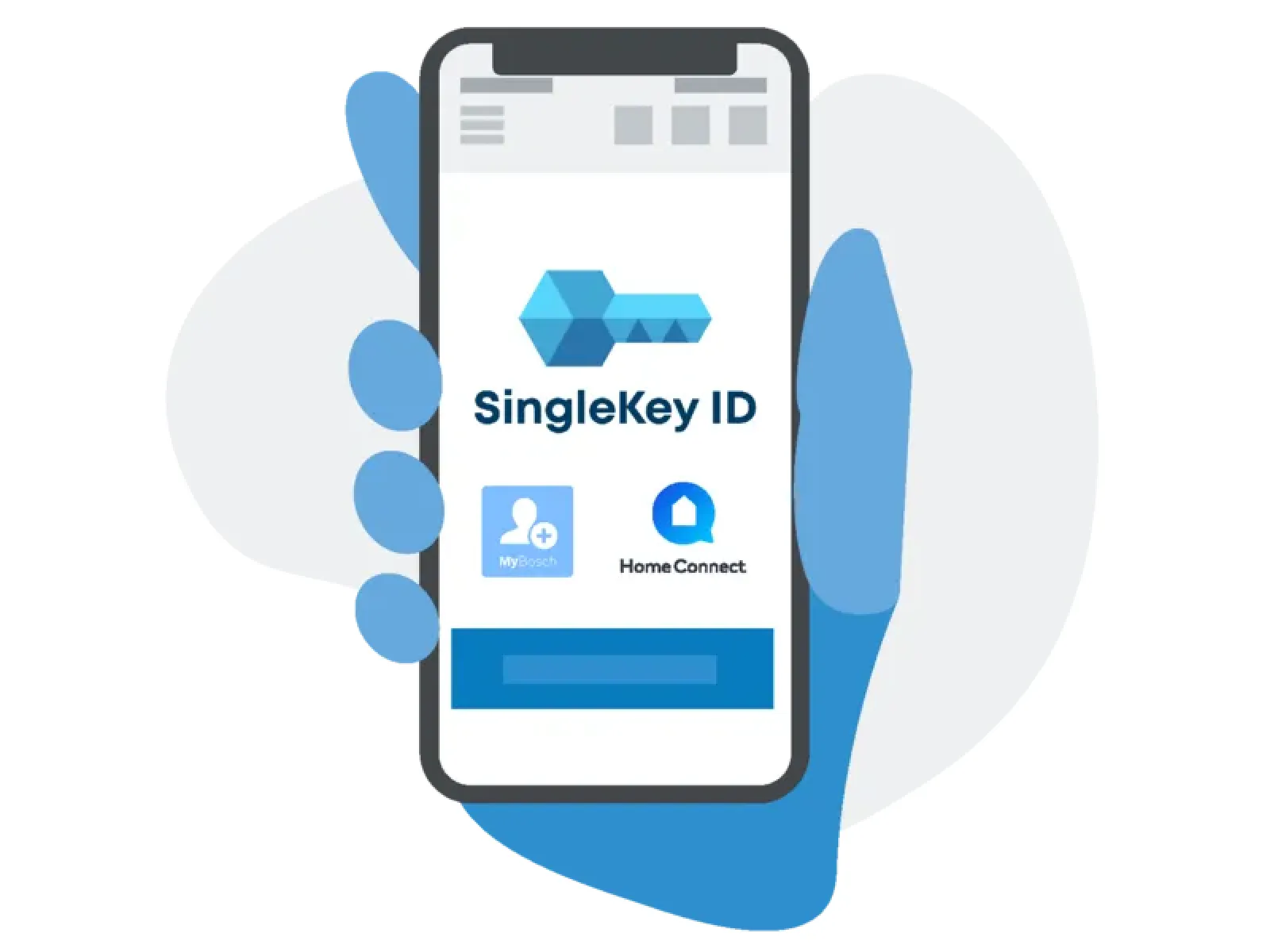 Smartphone skärmen visar Single Key ID-app med Home Connect-funktion och blå geometriska former.
