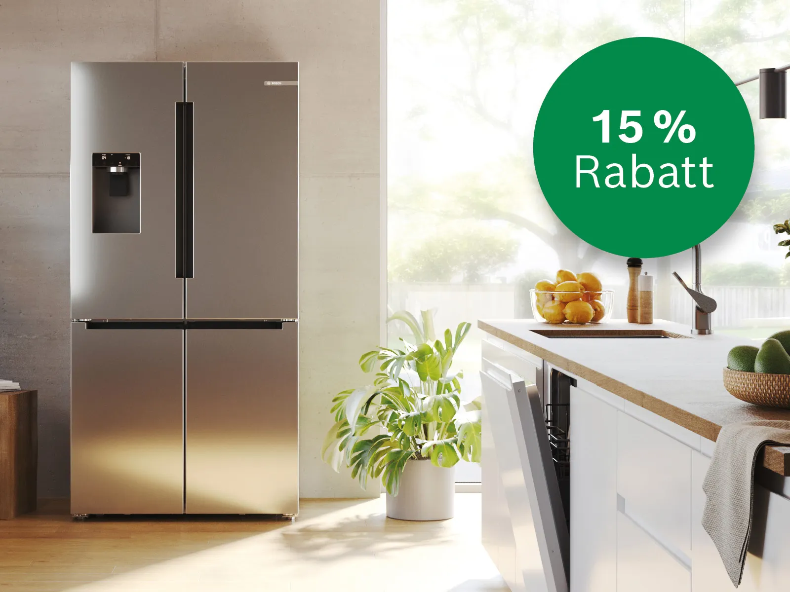 Moderner Edelstahl-Kühlschrank mit 15 % Rabatt und gratis Altgeräterücknahme & Installation.