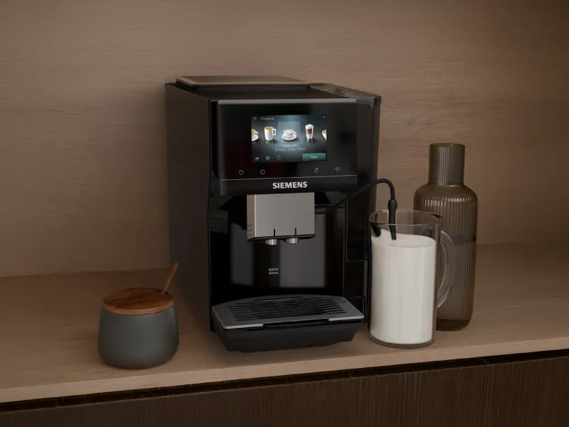 Kahve makinesi mutfak sayacı, kahve menüsünü görüntülemek ve bir latte hazırlamak.