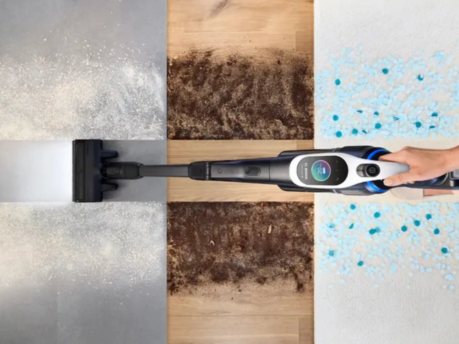 A vacuum cleaner being used on different surfaces: dusty carpet, wooden floor with dirt, and a carpet with blue particles.
