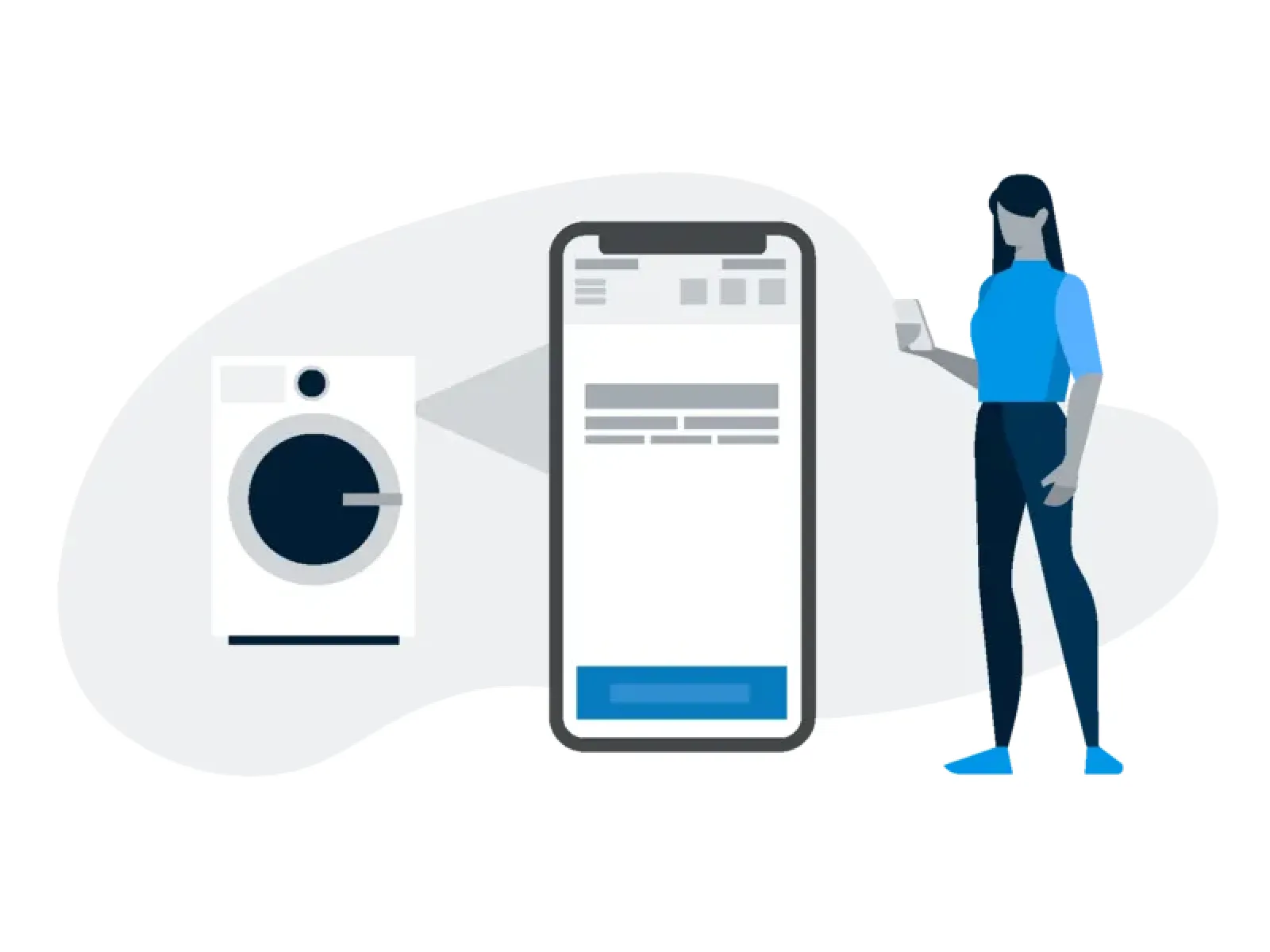 Kvinna som använder mobilappen för att styra smarta hushållsapparater som tvättmaskin.