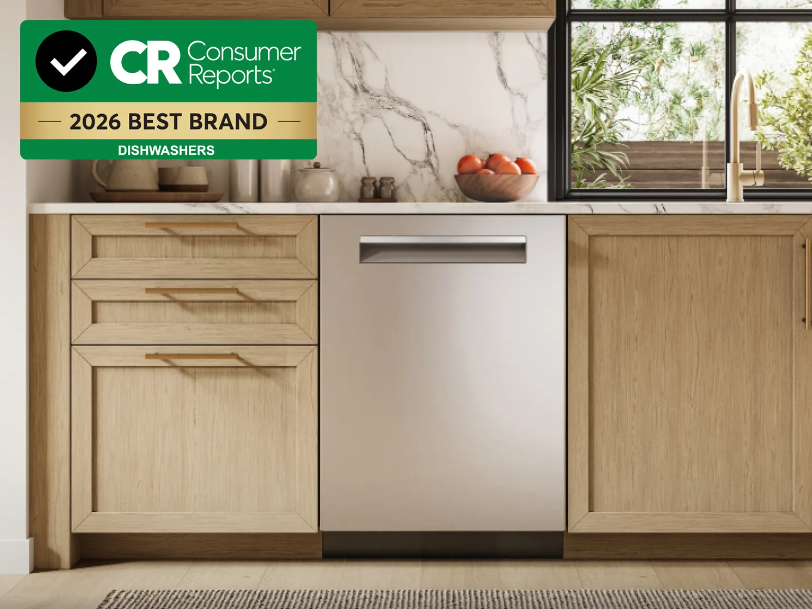 Bosch stainless steel dishwasher with white oak cabinet kitchen and Consumer Reports logo