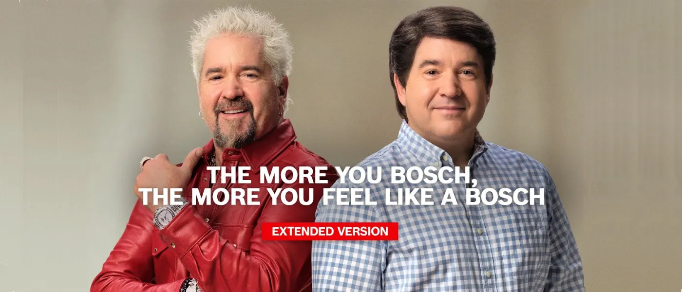 Two men smiling, one in a red jacket, the other in a blue checkered shirt, with text about Bosch overlayed in white and red.