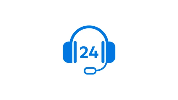 Icono de auriculares azules con un micrófono y el número 24, que simboliza la atención al cliente las 24 horas del día, los 7 días de la semana.