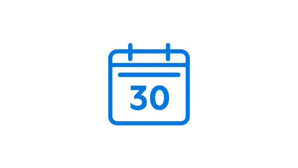 Ícono de calendario azul que muestra la fecha "30" con dos bucles en la parte superior.