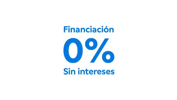 La imagen muestra el texto “Financiación 0% Sin intereses” en colores azul y blanco.
