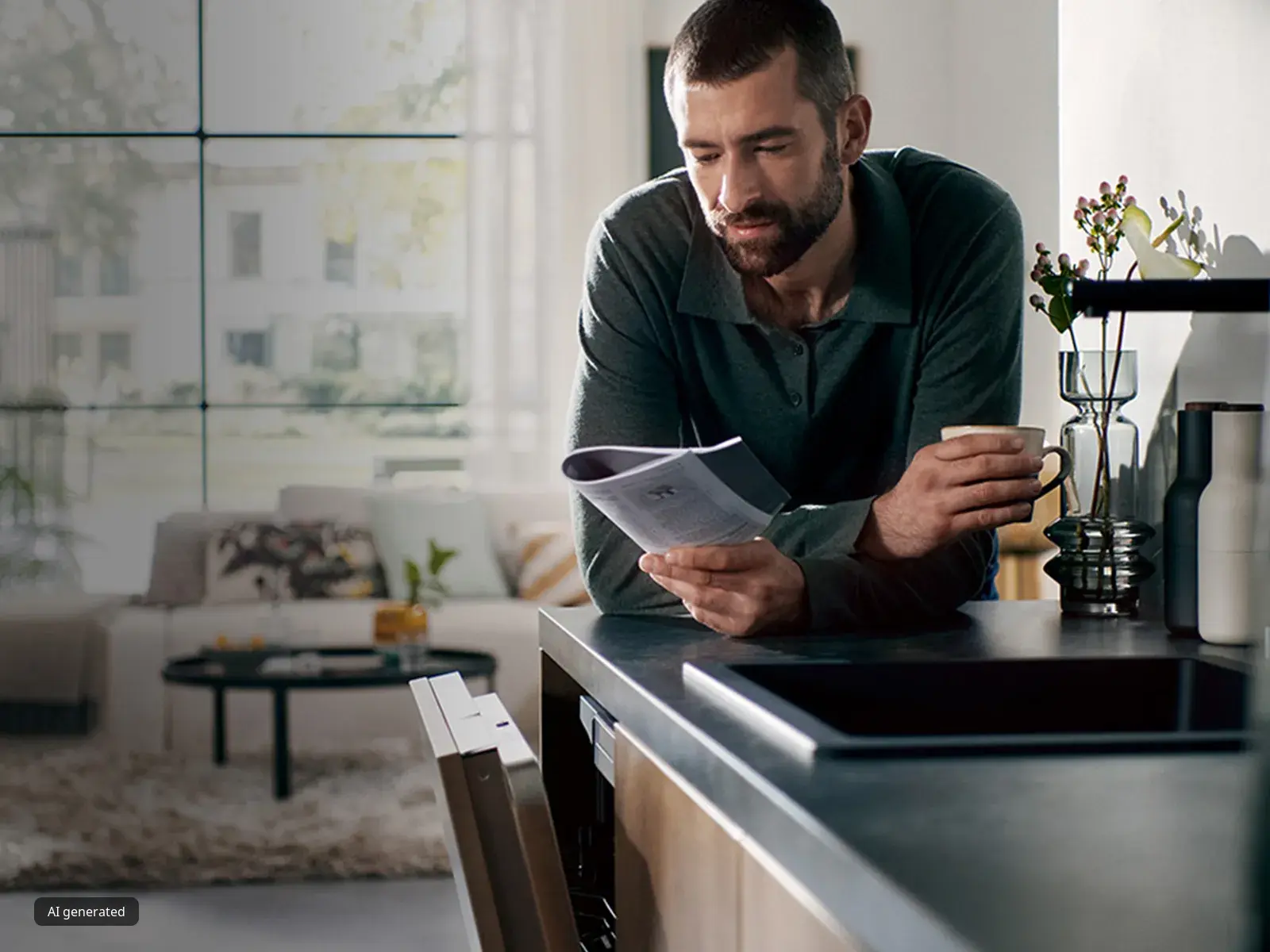 A man leans against a kitchen counter, beneath which is a built-in dishwasher with the door ajar, and consults an appliance manual.