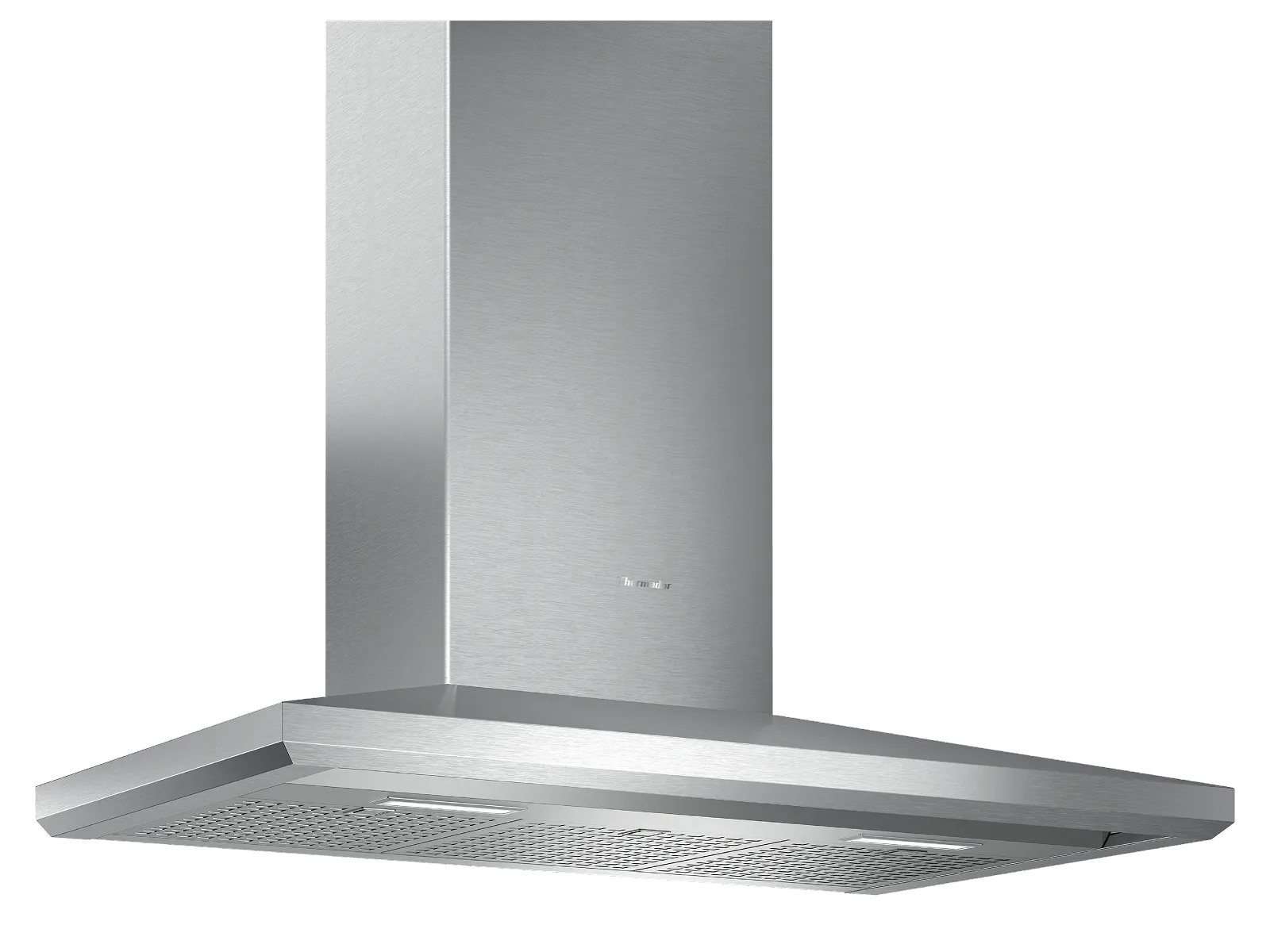 Stainless steel wall-mounted kitchen range hood with a chimney and angled canopy for ventilation.
