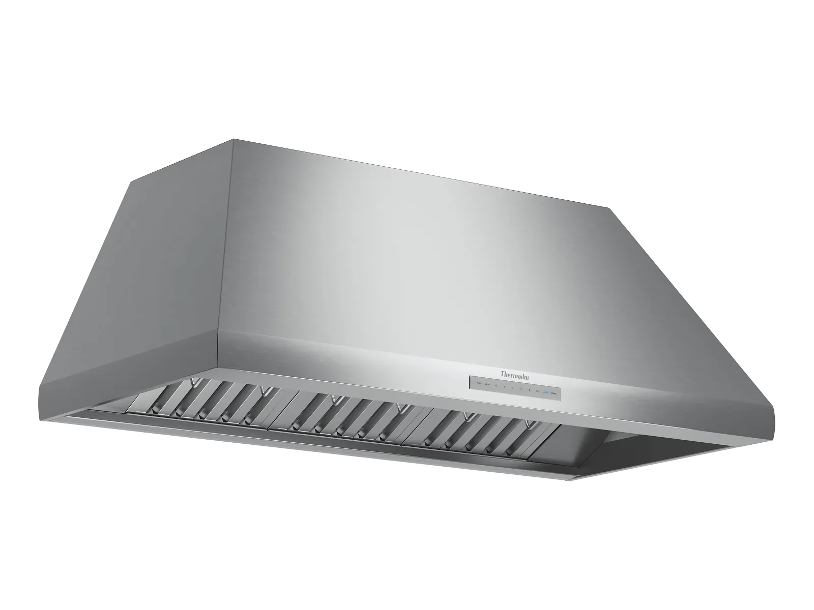 Stainless steel wall-mounted kitchen range hood with vent filters and angled design.