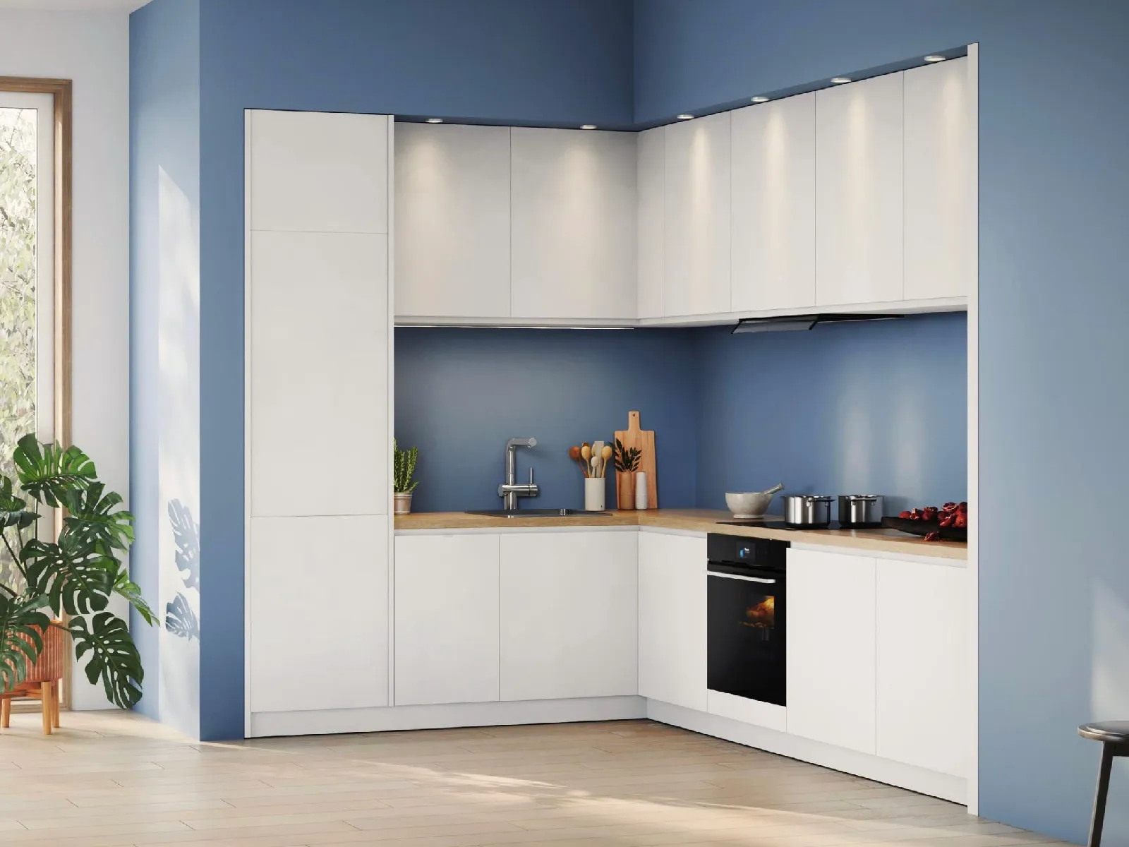 Bilden visar ett litet vitt kök i modern stil, med integrerade vitvaror från Bosch.