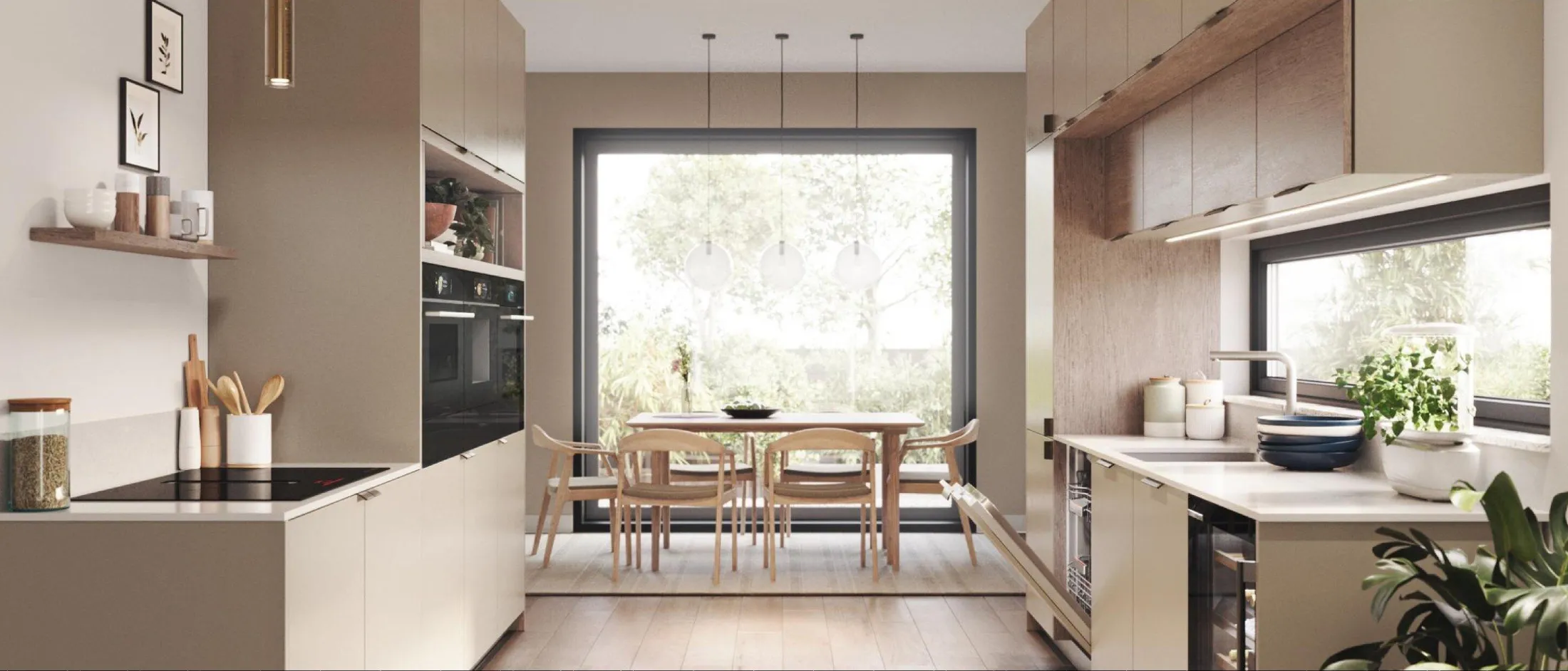 Modernt kök i beige med inbyggda vitvaror från Bosch.