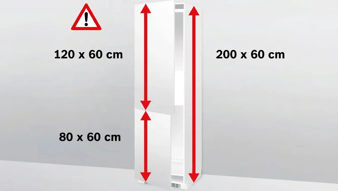 En illustration af, hvilke mål fronter fra Ikea skal have for at passe et Bosch køle-fryseskab ind i et Ikea-køkken.